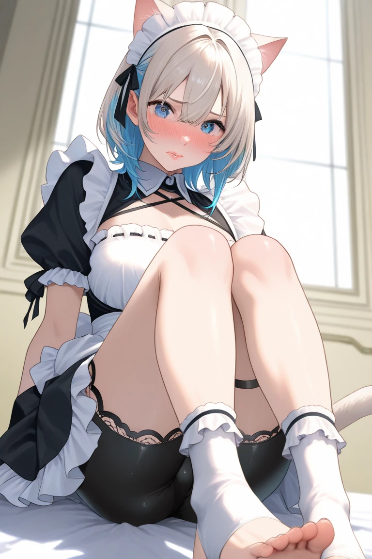 1girl, solo, multiple colored hairs, maid headband, black cat tail, moaning, blush, hot breath, black thighhigh, leaning forward, charm posing, background, blonde and blue hair, upskirt, (view from below), presenting, very young girl, tight pussy, , little, petitte, elegant young girl, blonde hair, loose and straight hair, pussy focus, (extreme close-up), ((pov facesitting)), squatting, view from front, small breasts, nipples, (huge and veiny horsecock dildo), vaginal horsecock-dildo riding, (motion lines), (nude), steaming pussy, hot pussy, juicy pussy, stretched pussy, bouncing on horsecock dildo, pussy juice