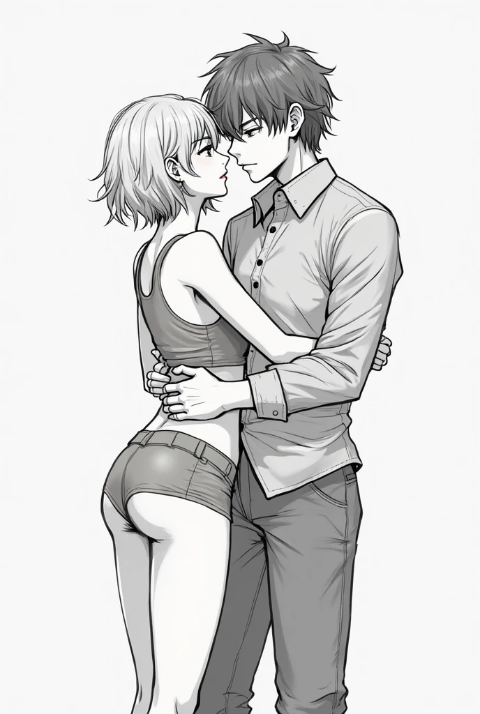 Line drawing refinement，Portrait of a man pressing a woman against a wall，Man with his back to the camera，Bend forward，Hold a knife in your left hand，Japanese manga style，sketch，Precise human body