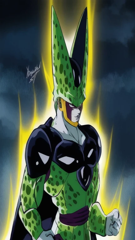 Full Body, 1boy, solo, male, Perfect Cell doing a kamehameha, perfect_cell, perfect cel shading, purple eyes, evil smile, color grading, HDR, Ray Tracing, Anime