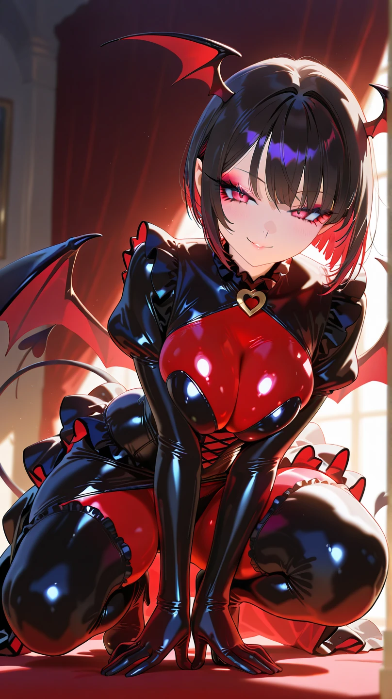 1 young beautiful woman,(Highest quality,Extremely detailed depiction,Incredibly absurd high resolution,Anatomically accurate depiction,Curvy Legs),(Shiny skin,Porcelain-like skin),(Female vampire:1.5,Shiny latex,),eyelash,Sweat,(Red Eyes,Vertically drawn pupils,Crazy Eyes,Large Breasts,A seductive smile,Glossy Red Lips,Flashy makeup,Seductive gestures,Half-closed eyes:1.5),whole body,Pointy Ears,Long nails,background:A chapel shrouded in mysterious mist:1.5,A scene that attacks me:1.5