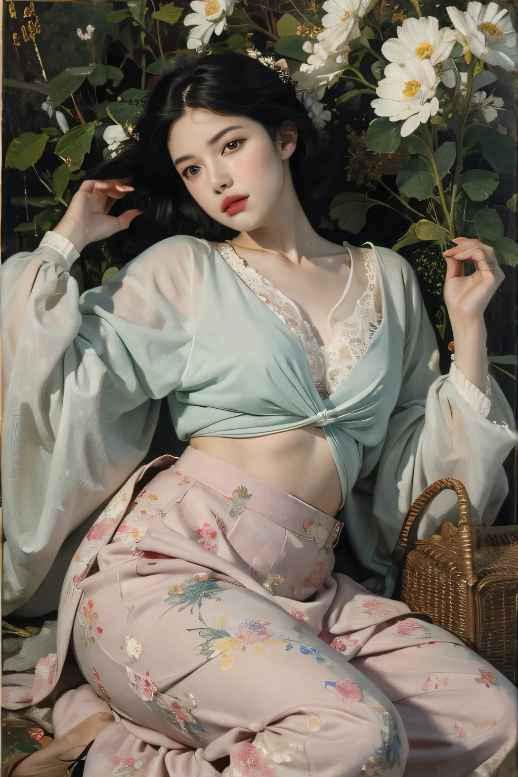 (8K、Raw photography、top-quality、masterpiece:1.2)、(realisitic、Photorealsitic:1.37)、ultra-detailliert、超A high resolution、女の子1人、see the beholder、(((beautifull detailed face))、(((Gorgeous and erotic underwear)))、full body Esbian、is standing、kawaii hair style、((18year old))、(Dark blue underwear)、Underwear with gorgeous patterns、(Kneeling)、((Floral embroidered underwear))