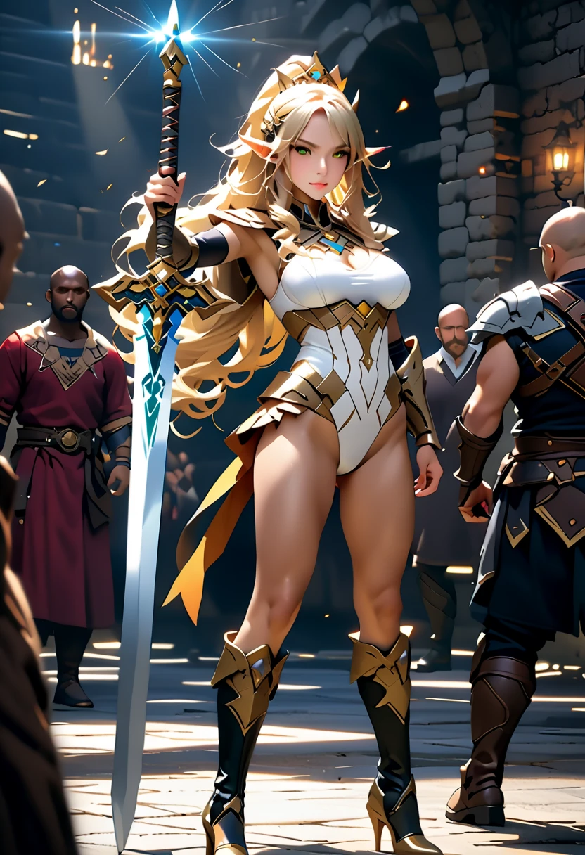 Depict a female warrior fighting alone in a dangerous underground dungeon, ＜reference image＞"Female warrior, green eyes, blond hair, fair skin, amazingly gorgeous beauty, strict and determined look, tall and slender+, abs, long perfect legs, she wears golden bikini armor ++, she is armed with a sword, ultra-accurate and ultra-precise hand depiction, ready for deadly combat, beautiful young girl, dynamic pose, (detailed skin), (detailed eyes), (Naggaroth:1.4), (skull:1.1), (detailed face), detailed eyes", The background is a deep and dark dungeon, the dungeon wall is rocky, the torches have become the only light source, the floor is strewn with bones in the abode of monsters, abyss, demons' nest, magnificent fantasy art, photorealistic, ultra high quality, ultra high detail, masterpiece, 4K, 8K, HDR, very high detail, art station trend, highly detailed ArtGerm, Deviant Art Station CGSCOSIETY, an art station masterpiece, chromatic aberration, depth of field, Highly detailed RAW color Photo, soft lighting, masterpiece, best quality, intricate, (lens flare:0.7), (bloom:0.7), particle effects, raytracing, tone mapped, highly detailed, concept art, smooth, sharp focus, dramatic lighting, highly detailed artwork, cinematic, hyper realistic painting, trending on Artstation, 8K, incredible shadows, realistic, (highly detailed background:1.2), art by midjourney