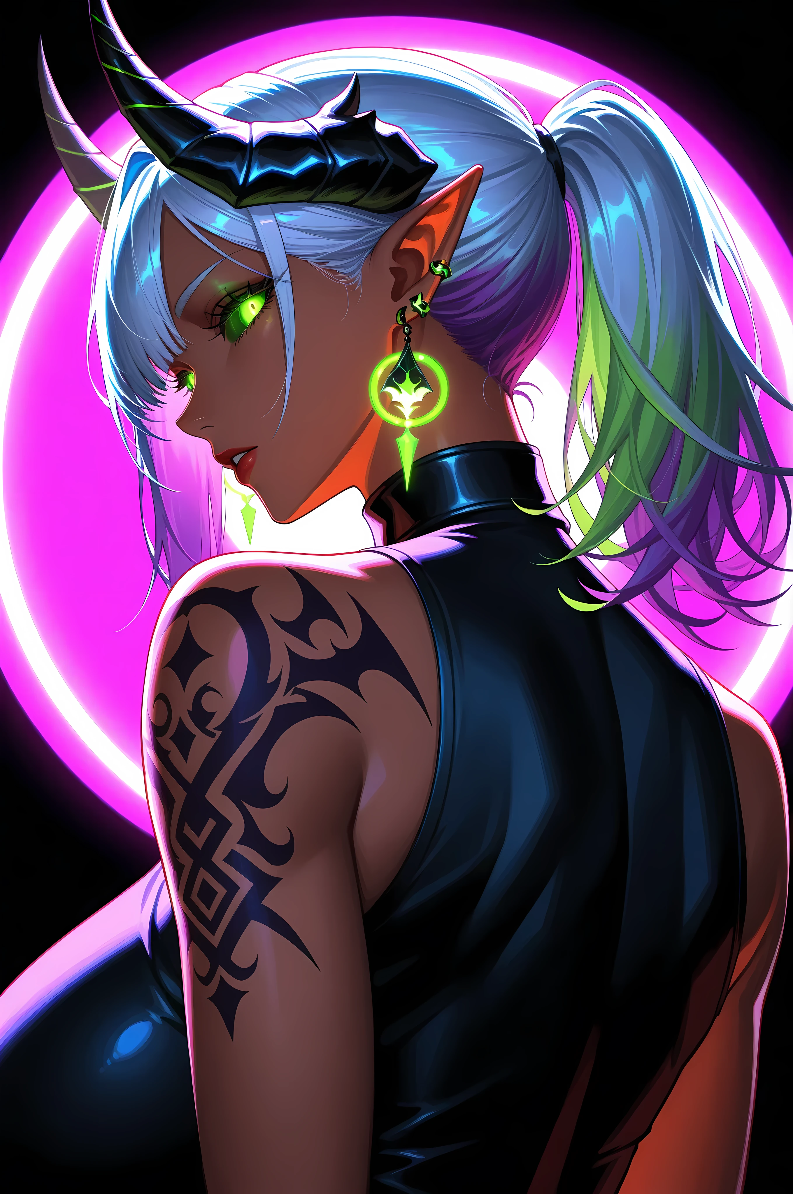 ((neon lighting, black_light, blacklighting)), 1girl, solo, long hair, looking at viewer, bangs, simple background, bare shoulders, jewelry, gigantic breasts, closed mouth, green eyes, upper body, ponytail, purple hair, white hair, multicolored hair, earrings, parted lips, green hair, horns, sleeveless, pointy ears, looking back, medium hair, from behind, from side, dark-skinned female, lips, eyelashes, tattoo, makeup, glowing, demon girl, black background, demon horns, elf, glowing eyes, colored sclera, nose, arm tattoo, shoulder tattoo, black horns