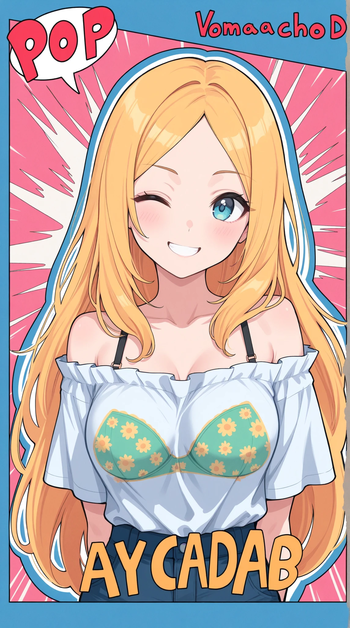 womanhood, Off-the-shoulder shirt, Bra Straps, long hair, wink, Smiling,    pop art, 