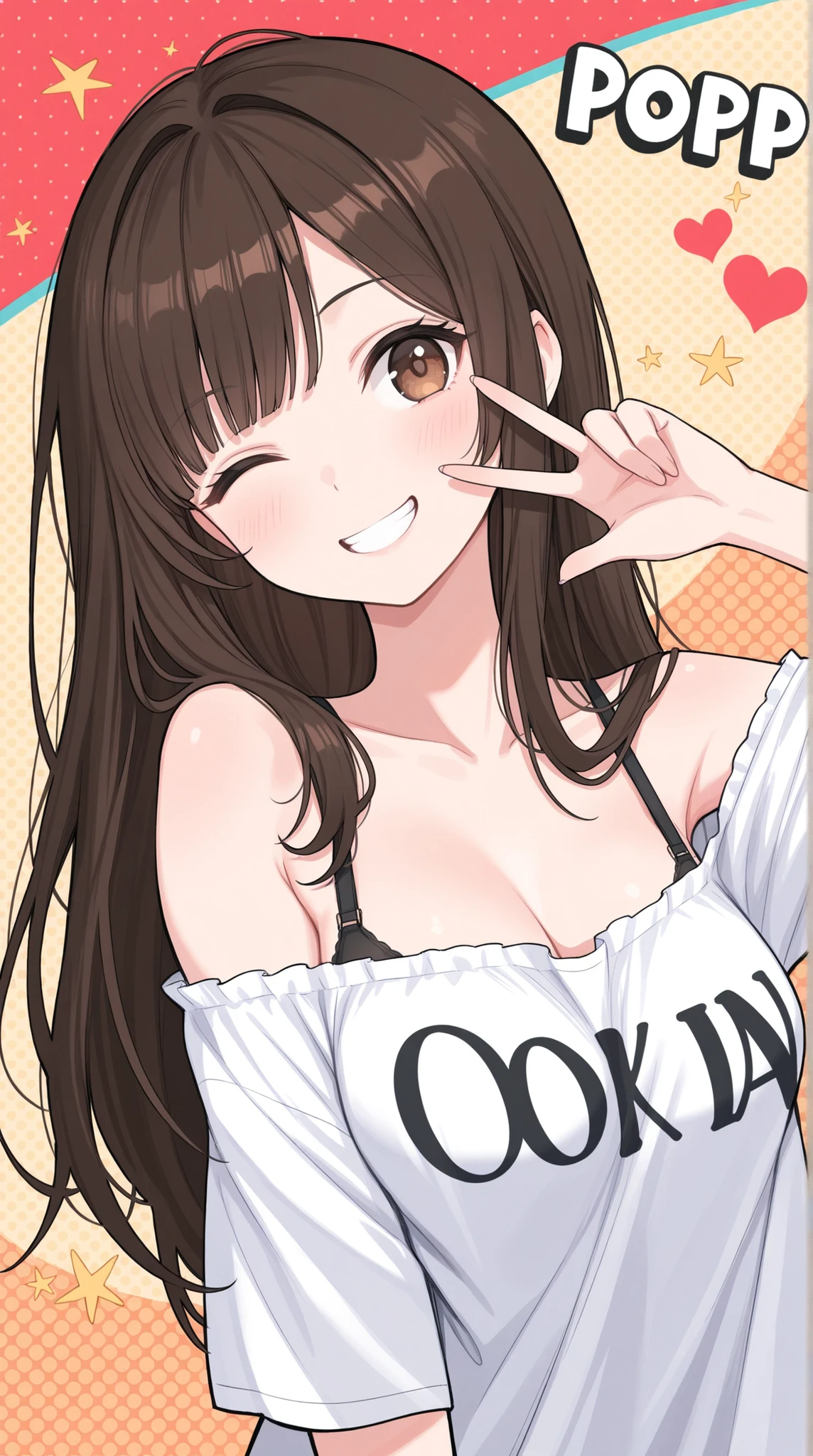 womanhood, Off-the-shoulder shirt, Bra Straps, long hair, wink, Smiling,    pop art, 