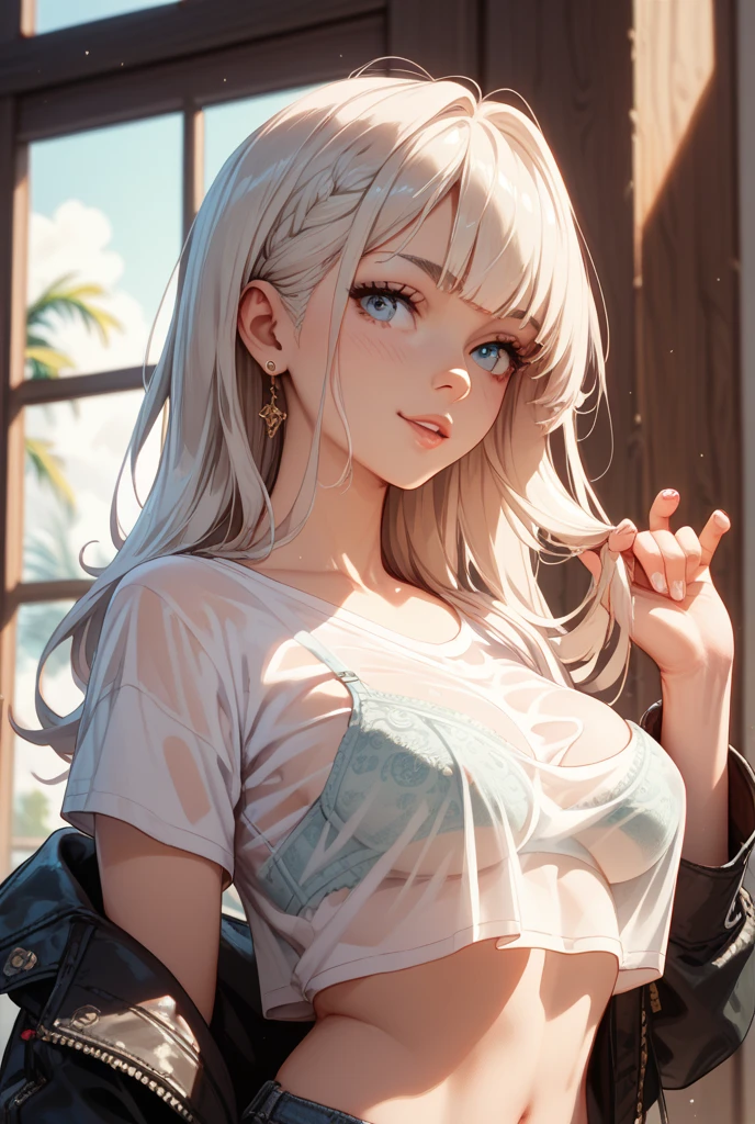 1girl, anime girl, anime, (dark skin), 2d girl, 16y, (fullbody), standing, anime girl, purple eyes, (white hair), (((Tube top))), (((bare shoulders))), (((bare arms, areolae))), areola, areola exposed, Solo, Slim, large breasts, big , big Breasts, sfw, Tight Shorts, low waist shorts, upshorts, in a classroom, (((sitting on a chair))), (((spread legs))), books on the table, looking at viewer, darker shadows, (((explicit))), (((shorts))), (((absurdres))), (((thigh gap))), cameltoe, (((cameltoe))), (((cleft of venus))), (((lowleg shorts))),