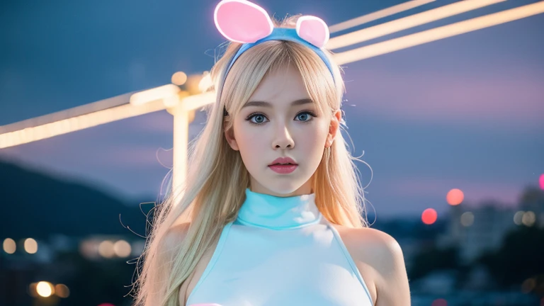 ((Highest quality)), ((masterpiece)), (detailed), high ponytail, ((Blonde)), (Beautiful girl with erect penis:1.35), (Blushed:1.3), white skin, (soldier:1.4), outsiide, evening, neon sign