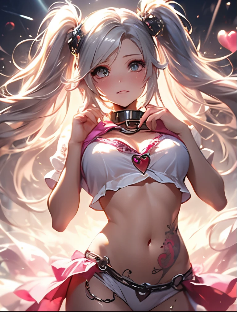 Silver hair, pink eyes, body, cat ears, sexy girl, earrings, hearts background fantasy, red pink uniform, hair bow