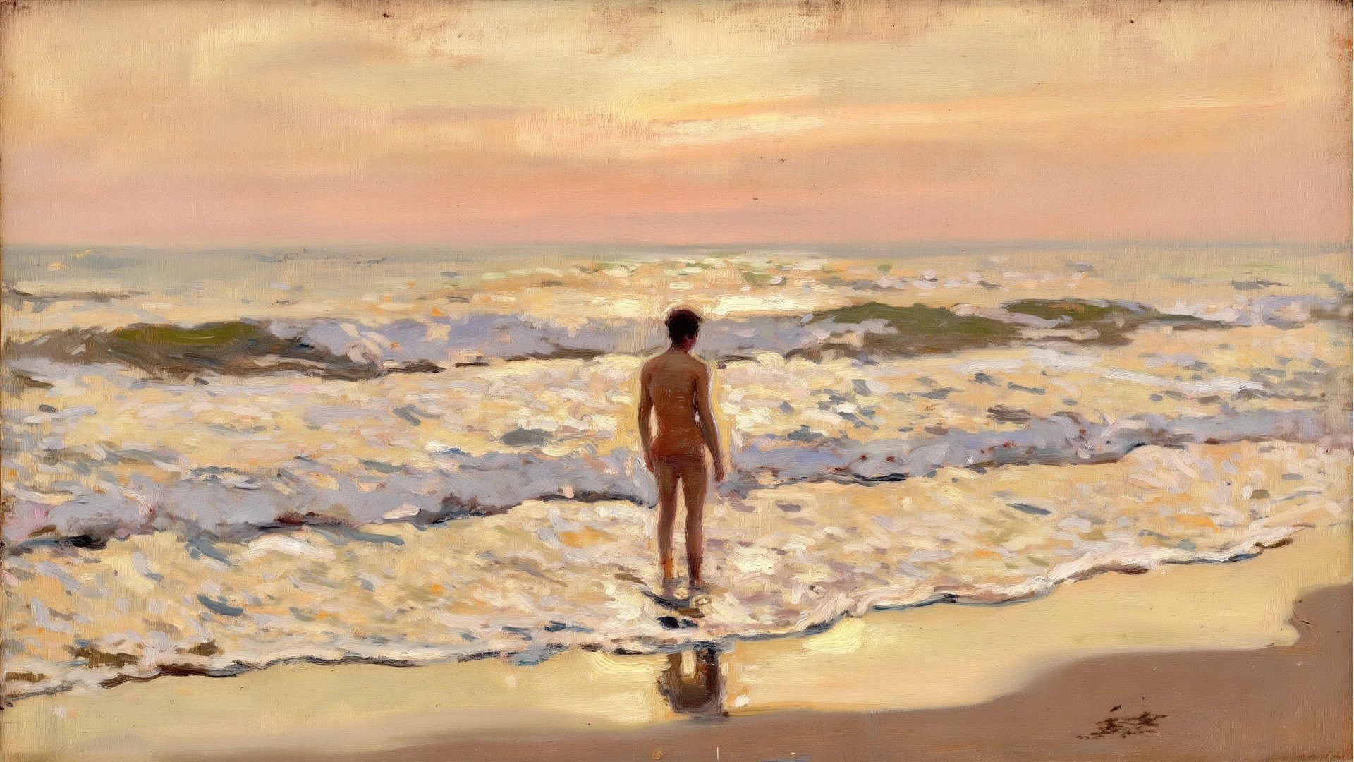 view from aside 5 young naked on a boat in the sea, nudist beach , shirtless, pantless, barefoot smiling, relaxed gaze, kissing each other 3 young naked sunbathing on the beach, nudist beach , athletic-tonned muscled body, shirtless, pantless, barefoot smiling, relaxed gaze view from aside oil painting by henry scott tuke, joaquin sorolla, roberto ferri blended style Ultra-detailed illustration, fullbody, cinematic, soft colors, mate efects, volumetric ligthing, becoming the subject composition, rule of thirds, 3 young men, latino, blond, ginger kissing each other thin face, straight nose, thin lips, square chin, large black eyes, short black, wavy hair, in roberto ferri style, aesthetic slim athletic body, very tall, latino, realistic skin, gorgeous, realistic detailed tonned muscles, barefoot, naked perfect anatomy, muscled fitness body, 195cm tall, realistic skin, skinny realistic detailed muscles, he is standing , wearing thongs, small erected penis, barefoot, perfect detailed feet, relaxed body lenguaje, relaxed face expresion in the background nudist beach, naked people walking The image is a masterful composition of color, shape, and form, creating a sense of harmony and balance ultrdetailed, intincate detailed image, realistic, combine vivid color and soft colors to generate realisim sense, combine lights and shadows to generate deep sense,penis,art by sargent,scenery