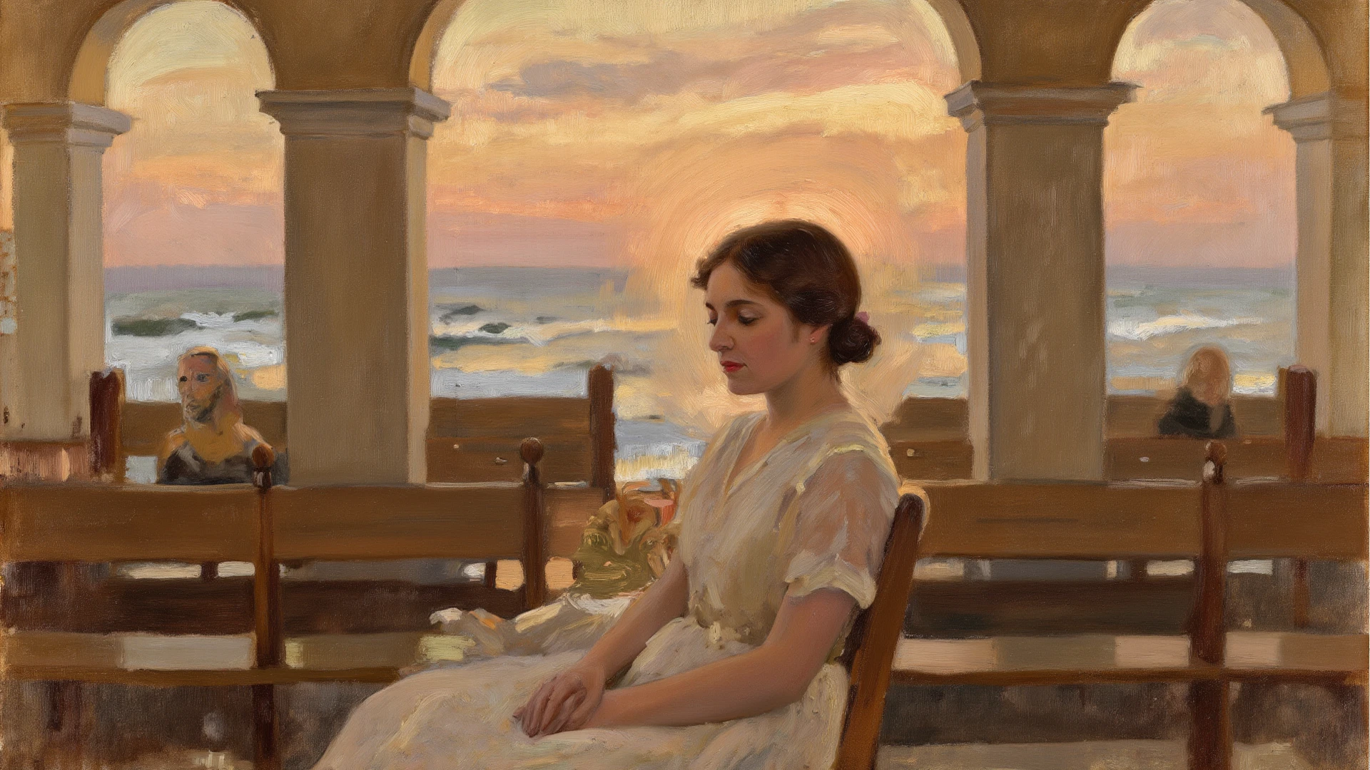 oil on canvas, a beautiful young woman with resemblance to Mckenna Grace sitting , on stone steps of an old lighthouse, smiling and looking at the camera, landscape of an epic afternoon , flowers adorn his head, natural lighting, style of william-adolphe bouguereau