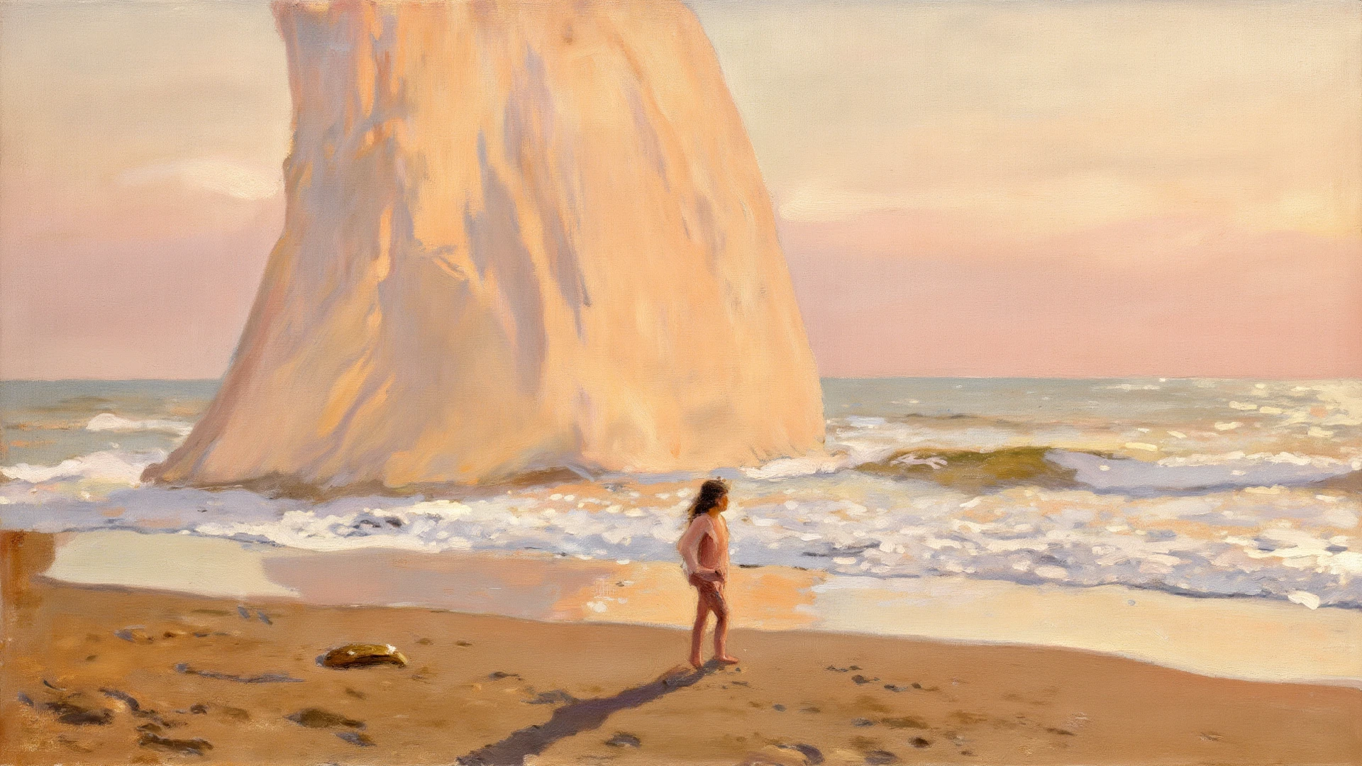 A naked girl, castaway, background a beach, oil painting, blond, squat, big 