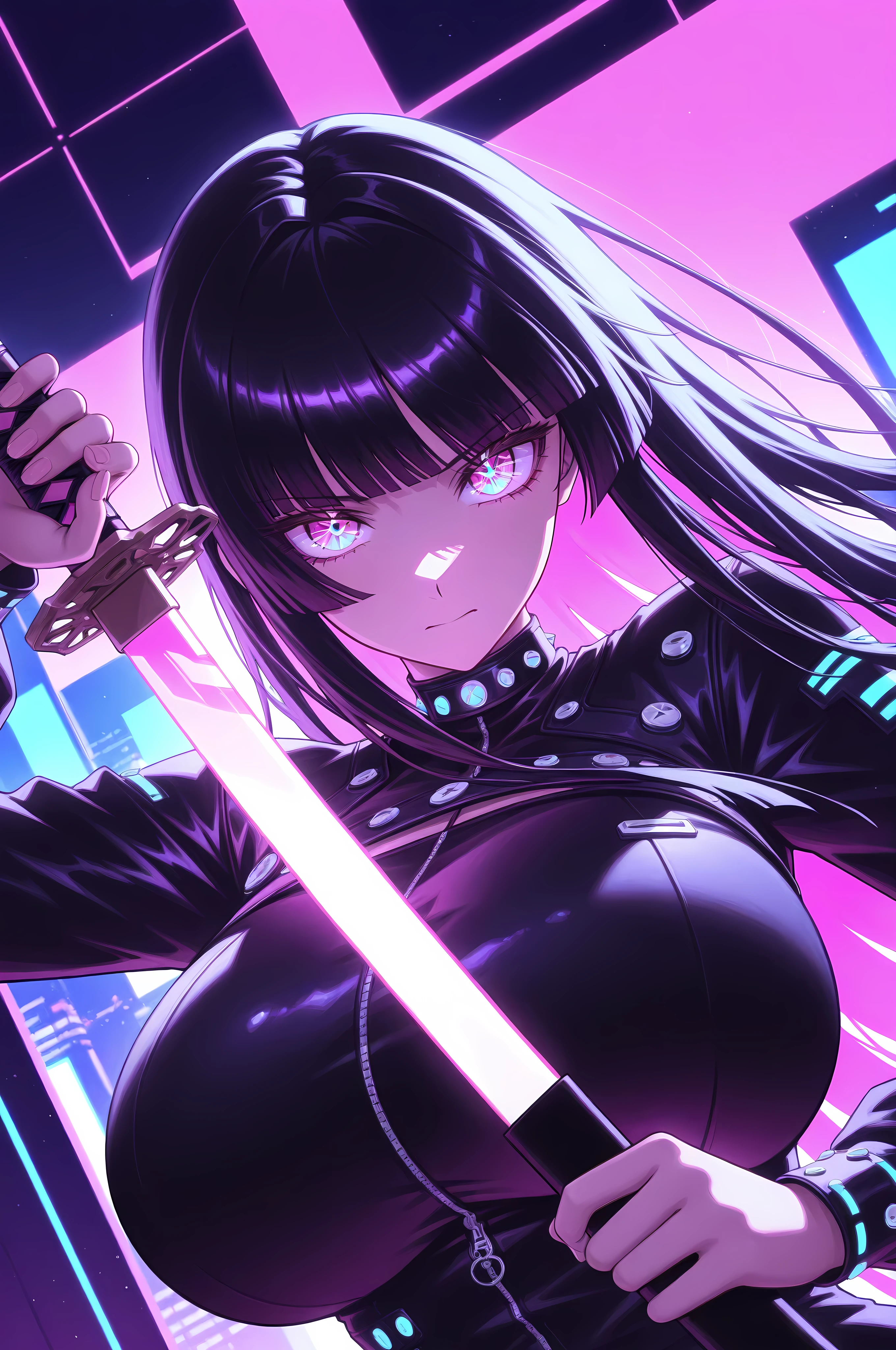 masterpiece, best quality, good quality, absurdres, highres, cyber punk,
BREAK
1girl, Face Focus, Side Angle, upper body, black hime cut, (magenta eyes), holding Katana pose,dynamic angle, huge breasts
BREAK
Backlight, one side light, cybernetic digital background with green neon light