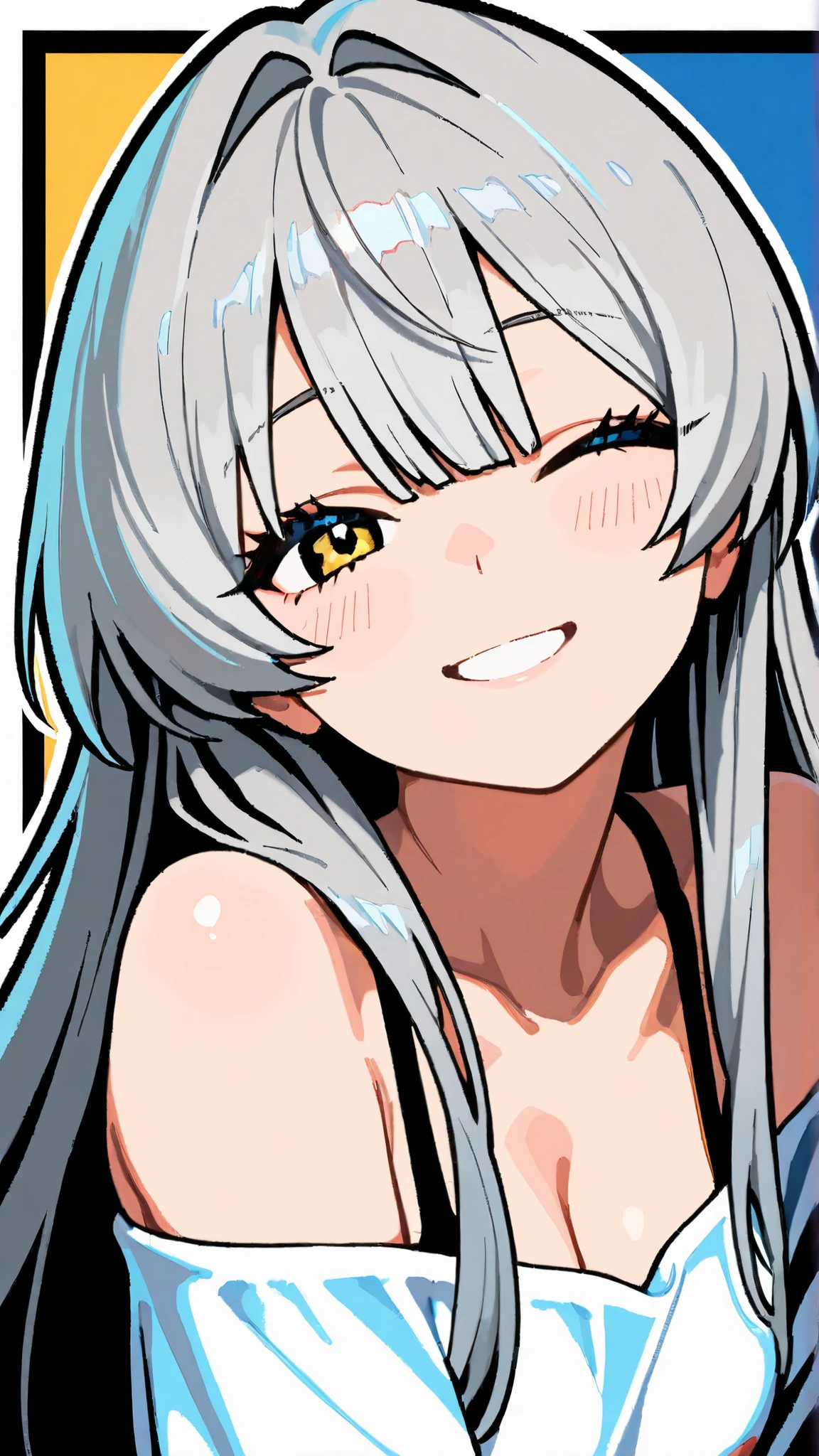 one girl, Shirakami Fubuki, fox ears, white hair, yukata, lying on futon, from above, shy, look at me, love me, naughty mood, upperbody focus, off shoulder, heart mark, kissing face, small breasts