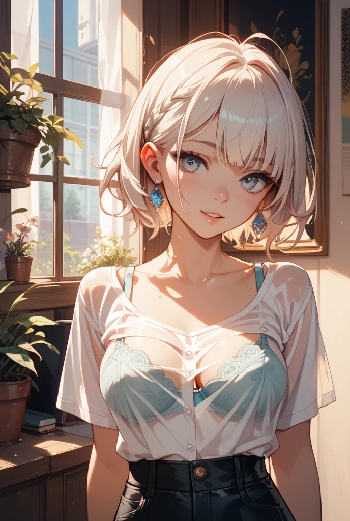 (Highest quality, masterpiece:1.2), Ultra-high resolution, Realistic, Front lighting, Intricate details, Exquisite detail and texture, One person, alone ,(young), Facial highlights, Upper Body, Detailed face, Teardrop Mole, white skin, Silver Hair, ponytail, Braid, View your viewers, Big eyes, silk robe, (Hollow pattern, white, silk), Earrings, Small breasts, The body is slim, Luxurious Room, Professional Lighting, Photon Mapping, Radio City, Physically Based Rendering,