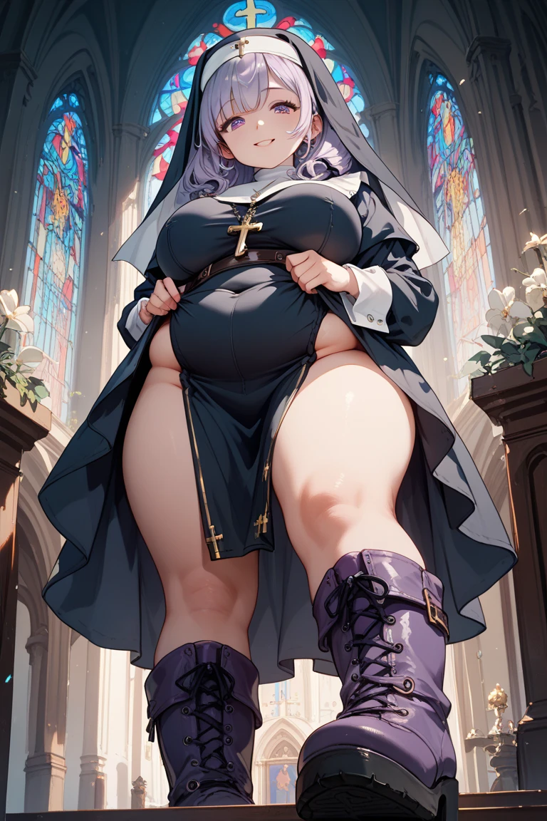 a woman nun sect sexy beautiful big breast beauty skin pink short pink hair disheveled her eye black pupil yellow dresses black nun and a black skirt longer pair white socks long black shoe