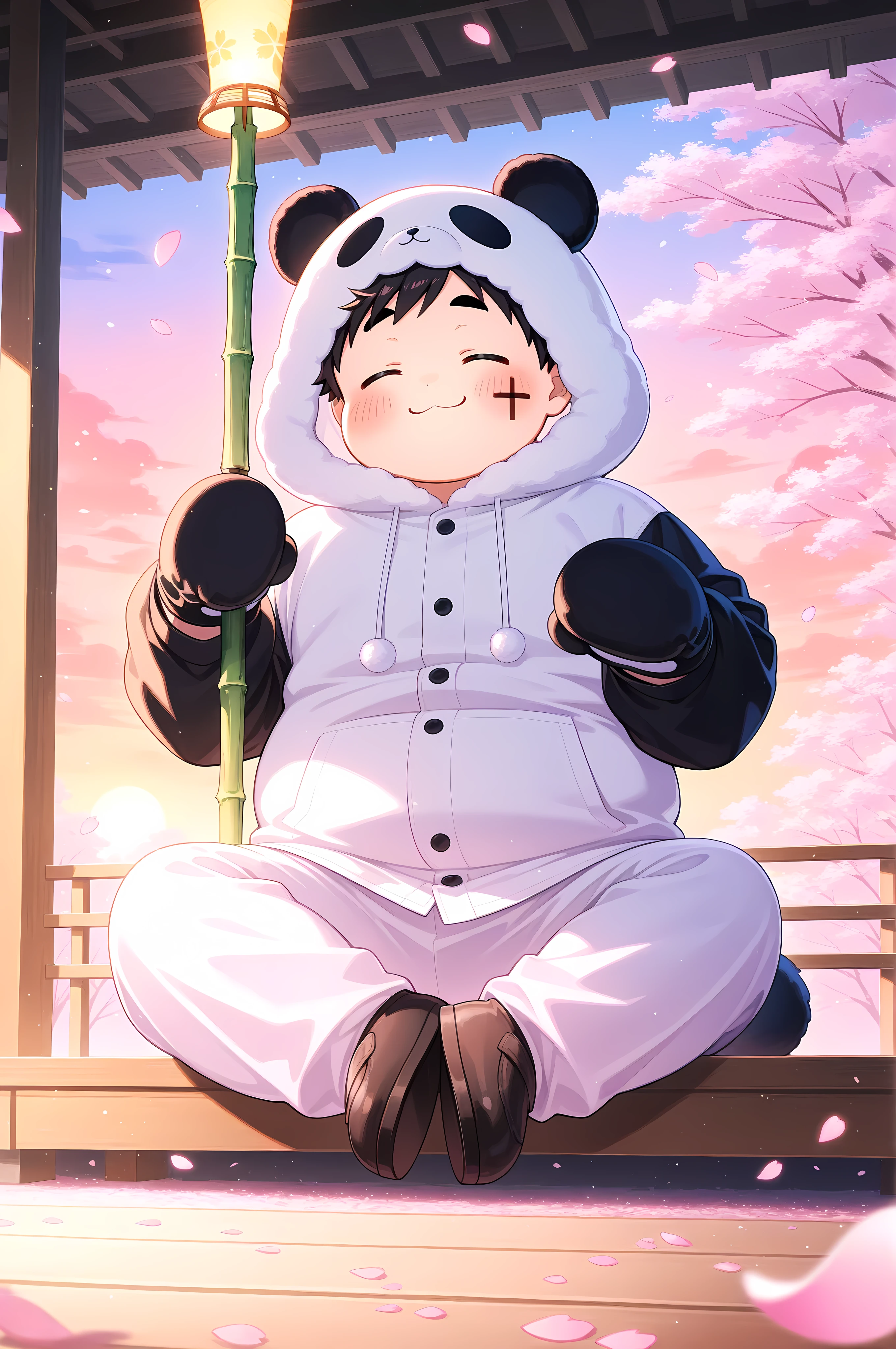 ultra-detailed, vivid colors, absurdres, aesthetic, cinematic lighting, BREAK Adult, 1boy, chubby, wearing a fluffy panda kigurumi, round face, smiling warmly, sitting cross-legged on a wooden porch, cherry blossom petals falling, soft sunset glow, holding a bamboo staff, faint blush on cheeks, minimalist background with blurred pink trees, playful pose, oversized hood, paw-shaped mittens
