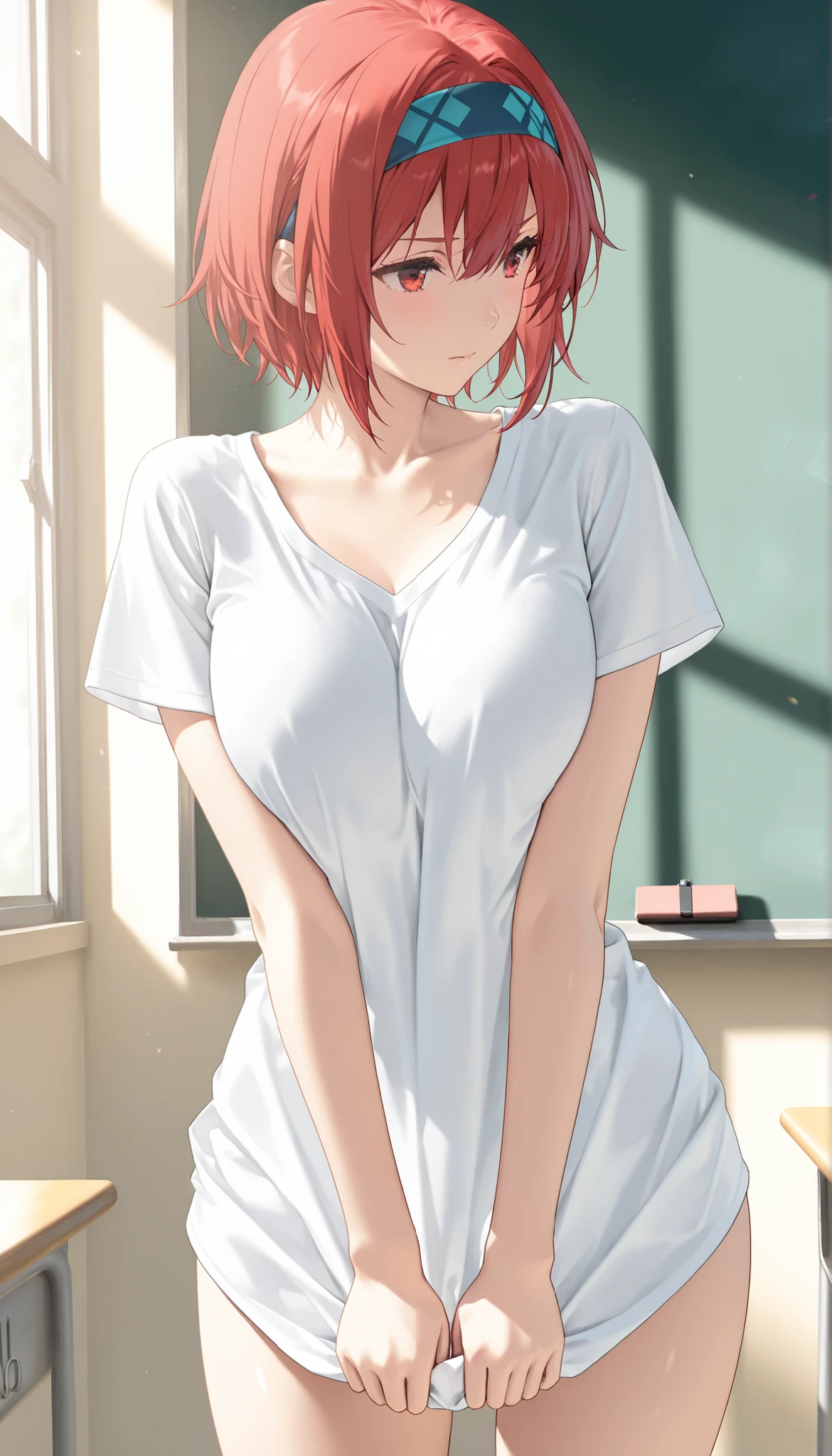 masterpiece, 最High Quality, High Quality, very aesthetic, Dumb Dress, Newest, Scenery, volume lighting, depth, glossy skin in the classroom,
1 girl, solo, shirt, short hair,
chest,
turn your arms around your back, push down, white shirt, red eyes, cowboy shot, large chest, viewers, facing the front、by Zephixus、naked shirt, Short Sleeves, Hair between eyebrows, collarbone, Headband, closed mouth,open legs、open stance、
chestのカーテン,
masterpiece, 最High Quality, High Quality, very aesthetic, Dumb Dress, Newest, Scenery 、transparent