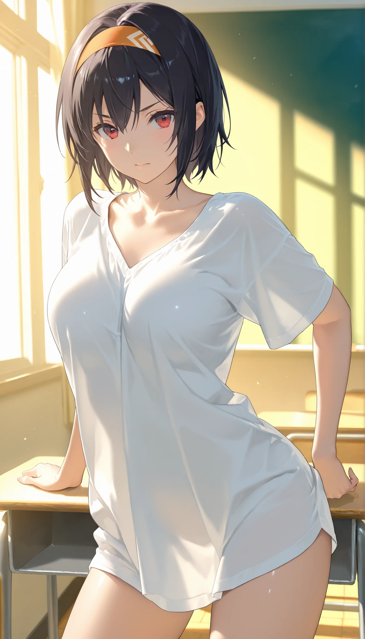 masterpiece, 最High Quality, High Quality, very aesthetic, Dumb Dress, Newest, Scenery, volume lighting, depth, glossy skin in the classroom,
1 girl, solo, shirt, short hair,
chest,
turn your arms around your back, push down, white shirt, red eyes, cowboy shot in the background, large chest, viewers, facing the front、by Zephixus、naked shirt, Short Sleeves, Hair between eyebrows, collarbone, Headband, closed mouth,open legs、open stance、
chestのカーテン,
masterpiece, 最High Quality, High Quality, very aesthetic, Dumb Dress, Newest, Scenery 、transparent