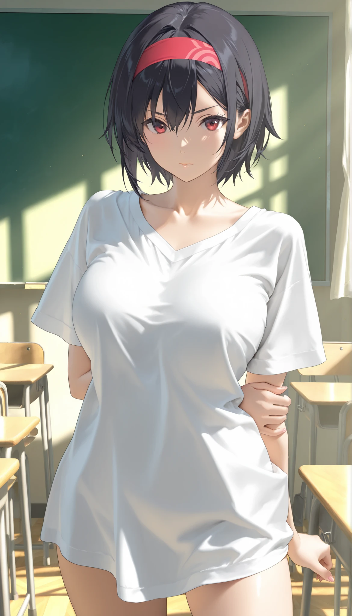 masterpiece, 最High Quality, High Quality, very aesthetic, Dumb Dress, Newest, Scenery, volume lighting, depth, Classroom Glossy Skin,
1 girl, solo, shirt, short hair,
chest,
turn your arms around your back, push down, white shirt, red eyes, cowboy shot, large chest, viewers, facing the front、face to face、naked shirt, Short Sleeves, Hair between eyebrows, collarbone, Headband, closed mouth,open legs、open stance、
chestのカーテン,
masterpiece, 最High Quality, High Quality, very aesthetic, Dumb Dress, Newest, Scenery 、transparent