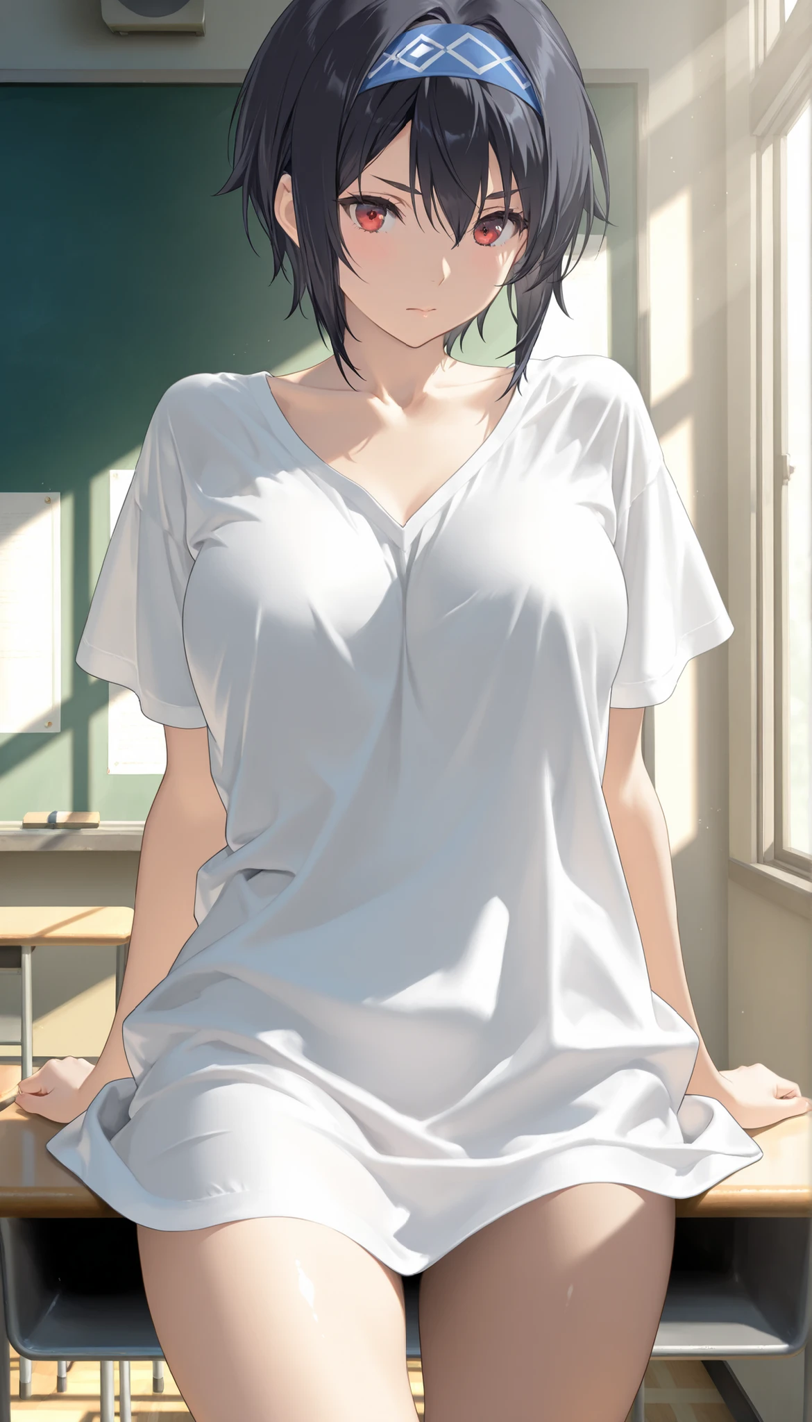 masterpiece, 最High Quality, High Quality, very aesthetic, Dumb Dress, Newest, Scenery, volume lighting, depth, glossy skin in the classroom,
1 girl, solo, shirt, short hair,
chest,
turn your arms around your back, push down, white shirt, red eyes, cowboy shot in the background, large chest, viewers, facing the front、by Zephixus、naked shirt, Short Sleeves, Hair between eyebrows, collarbone, Headband, closed mouth,open legs、open stance、
chestのカーテン,
masterpiece, 最High Quality, High Quality, very aesthetic, Dumb Dress, Newest, Scenery 、transparent