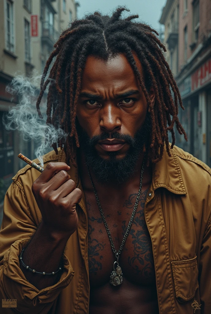 Generate an image of a dark-skinned man, with torn clothes, looking like a 1.60, large eyes, bushy eyebrows, big pointed nose, black hair, green eyes, smelling of cigarettes and with a deep voice ON A WANTED POSTER