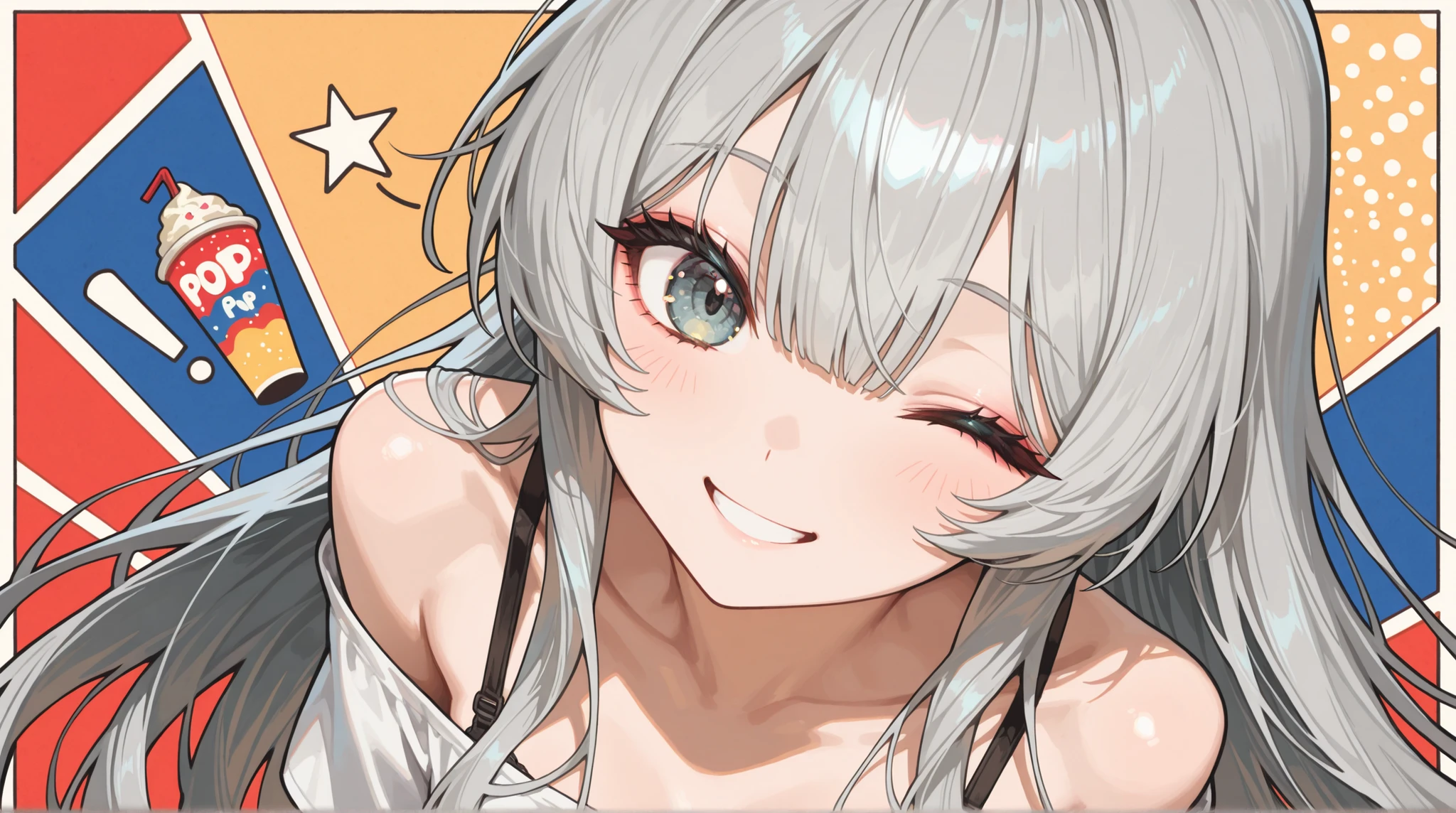 womanhood, Off-the-shoulder shirt, girl with pure gray hair, Bra Straps, long hair, wink, Smiling,    pop art, 