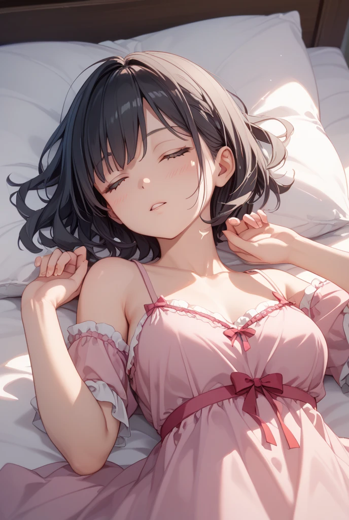 My name is Yunyun - Konosuba　break very cute　Black Hair　Short pigtails　Short pigtails tied with red ribbon in front of the shoulders　Short pigtails tied low with red ribbon　happy smile　Big smile　Full face blush, large red eyes, and a crooked mouth.々 break 　Round boobs　Yellow shoulder pajamas　Lying on your back in bed　Sweat 　Lie face up on the bed　The pajamas are yellow　