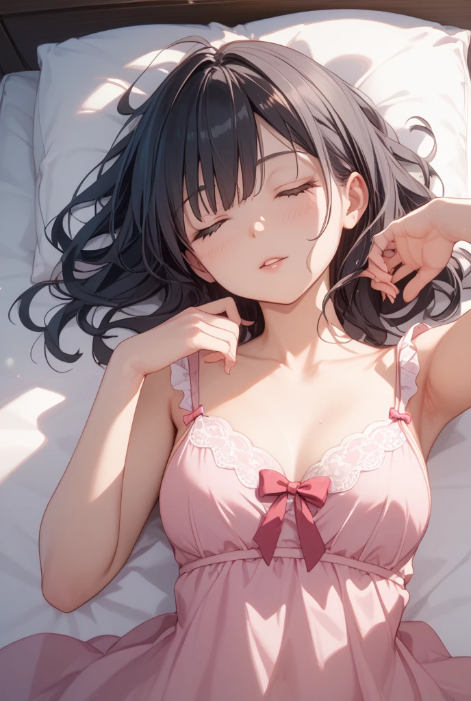 (Best quality, 8k, 32k, Masterpiece, UHD,:1.2),RAW, 1girl,ultra cute , natural lighting,transparent shining eyes, 20yo ,fair complexion, dark brown hair, french braid, flushed face,femur, medium hair, White Tank top, Sweat, ponytail, lying on bed, medium breast, emphasizing the breast, upper body shot,(ecstasy:1.3) ,(slut:1.2), (vulgarity:1.3), (fucked silly:1.1),(steam:1.1),(wet:0.8),(trembling:0.8),(tears:0.7) ,(drooling:0.6),(sweat:0.8), embarrassed, blush, closed eye, open mouth, ((side view)), arms up
