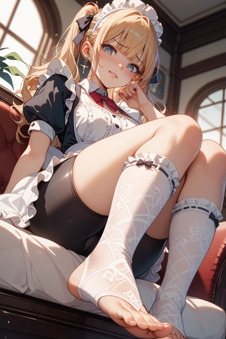 (official art、highest quality、Unity 8k wallpaper、32K、masterpiece、super detailed、超high resolution、realistic、Photoreal:1.2)、(cinematic lighting:1.2)、fire glow effect、film grain、best shadows、rim lighting、side light、(Super detailed and complex 3D rendering)、Background like Makoto Shinkai、very beautiful background、detailed beautiful face and eyes、(Beautiful and sharp pupils)、masterpiece, high resolution、highest quality, ultla highres, maximum resolution, very detailed, professional lighting, beautiful skin, 28 year old woman、very pretty、((Cafe、tea house、waitress、maid、maid服、maidの服装、maid服のスカート))、((((Spread your legs wide、Showing off her half-taken transparent side tie panties))))、bright hair color、blonde、neat bangs、bangs、dull bangs、(((((sexual excitement、orgasm、blush)))))、((((super low angle、Zoom in on the transparent side tie panties))))、((((Side tie panties stained with love juice、Sweat))))