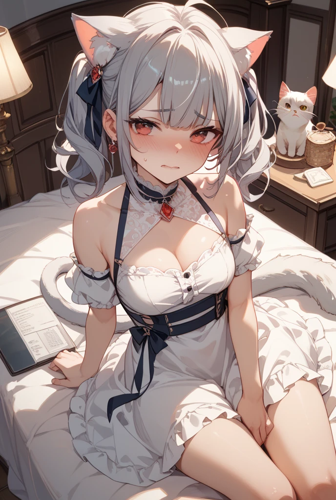 (Artwork of exceptional craftsmanship),(Detailed illustrations,(Very ideal anatomy),Very detailed and detailed drawing,Delicate lines with slow and rapid,(Realistic texture expression)),[Color tressed main line],[Strange bedroom background],[HENTAI ANIME] (JapaneseGirl (Beautiful shape)  student [Luxury Girl] (cat ear ((plump)) (large chest with drooping,[wide areola]))),(Full body lingerie (Pure white corset) (Ribbon Ruffled Lace Fabric [loliashion])),[Realistic and glossy skin expression ([High humidity] (Soft body)),([sitting] [[boredom]] gravure),Transparency, soft ambient light,(Perfectly proportioned),(Fine and beautiful skin expression [realistic skin detail]),[Design built to the highest level,[Advanced structural understanding of materials],Ideal color coordination],(Intricate and beautiful decoration [Dense detail]),(More on shiny hair),[Perfect hand details [Beautiful Finger]],(Beautiful perfect face [Realistic face details]),[Clear gaze],[long and beautiful eyelashes],[Perfect eye details (Eyes beautifully drawn down to the smallest detail)],(detaileds,high-detail),([Precision Detail],[multi-layer texture],HighQuality,hight resolution),[(Accurate simulation of light-material interactions),Understanding Airflow,Mechanically correct representation],[Visual art that conveys a sense of narrative] [Full body like],[[Desaturation]].