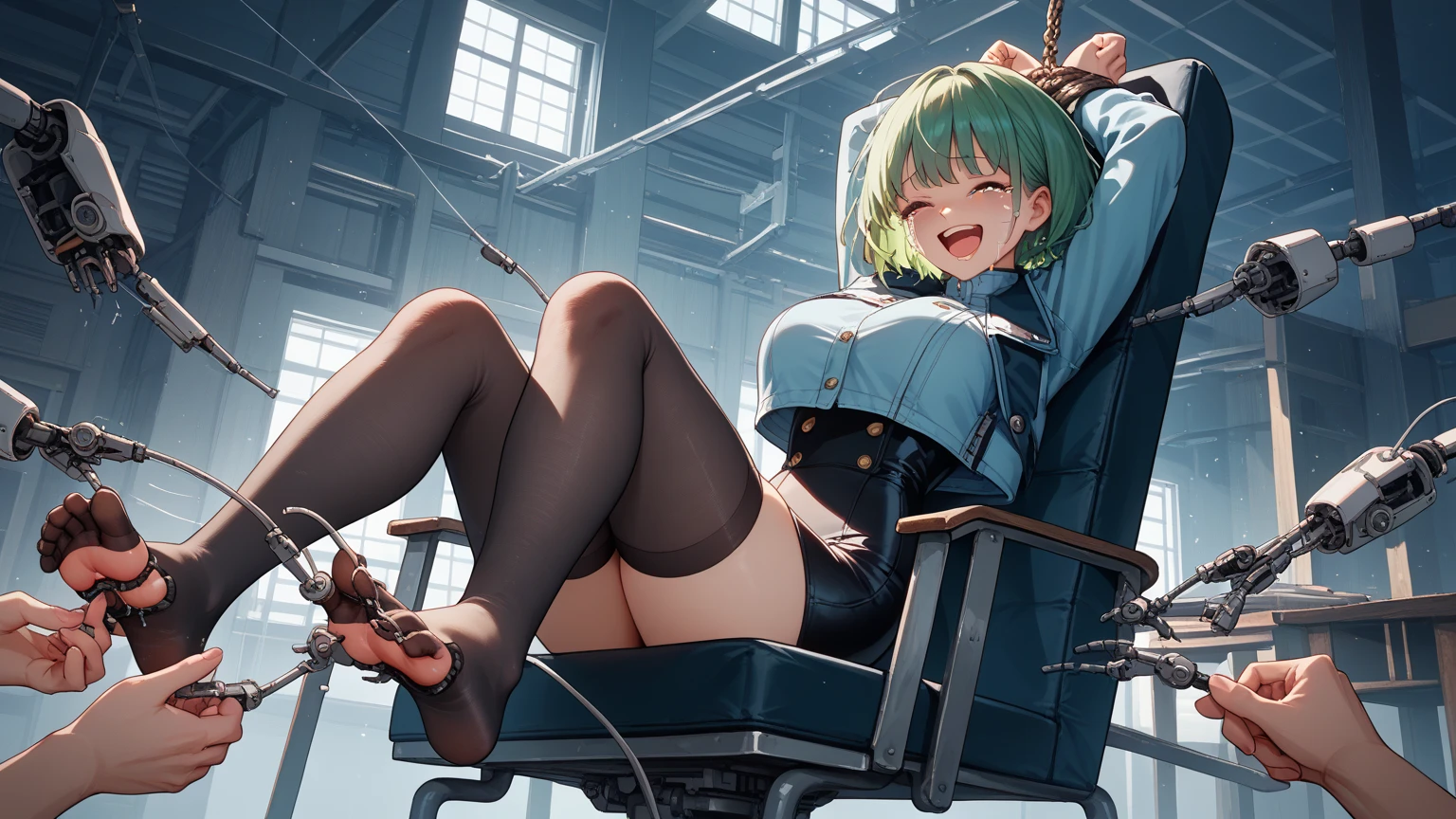 in 8K、top-quality、​masterpiece、ultra-detailliert、Ultra-high resolution、((1 persons))、poneyTail、a yellow hair、Braided hair、makeups、Home、sitting down on the floor、bare-legged , the legs are open。look at the camera , perfect hands, complete anatomy), nude , naked , M-shaped legs, women opening legs , spread legs , hands up , tied to a chair in a basement, restraint, bdsm, restrained legs, restrained arms, bound, bound to chair, rope, tied with ropes, beautiful body, beautiful face, tied to chair with ropes, restrained body, unable to move, bondage ropes,  tied up, machine bondage, fully restrained body, ropes everywhere, strictly tied, hardcore bondage ropes, machine bondage,glasses