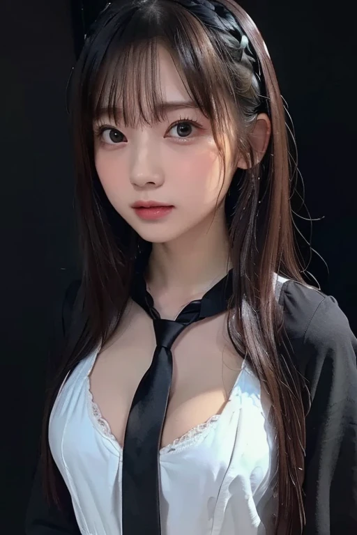 (1 nogizaka girl,raw photo,photo realistic:1.5),(best quality, high quality,HDR, highest quality,ultra high resolution,high resolution,high res,ultra high difinition,huge file size,8K,2K wallpaper,8K wallpaper,high quality texture,amazing,an extremely delicate:1.4),one girl, Japanese famous idol,beautiful face,small face,absurd,ridiculous,incredibly ridiculous,portrait,breasts close up,blurry background,(bikini,maid,cleavage,no makeup:1.2),medium skin,beautiful skin,detailed skin,small head,black hair,silky hair,(Japanese eyes:1.3),detailed eyes,black eyes,Japanese idol eyes,Japanese nose,5-fingers,(Light Particles, Lens Flare, Luminous Particles: 0.7),looking at viewer,bright lighting,professional lighting,girl