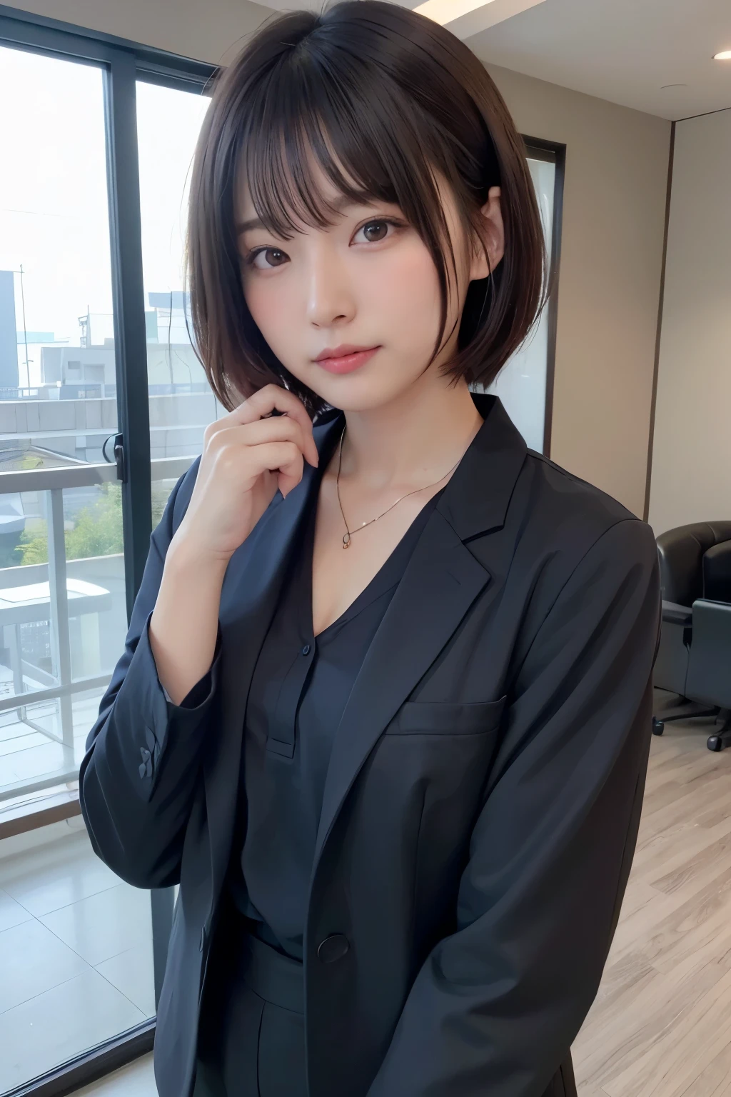 (High resolution:1.5), (16k, Photorealistic, Raw photo, Selfie, Best image quality: 1.5), Japanese, (One Girl), Beautiful Face, (A vivid face), (Black-haired、short hair:1.3), Beautiful Hairstyles, Realistic eyes, Beautifully detailed eyes, (Realistic Skin), Beautiful skins, attractive, 超A high resolution, Surreal, High detail, Golden Ratio, Highly detailed cute girl,(20-year-old), office, Tight suit, (masturbation:1.5)