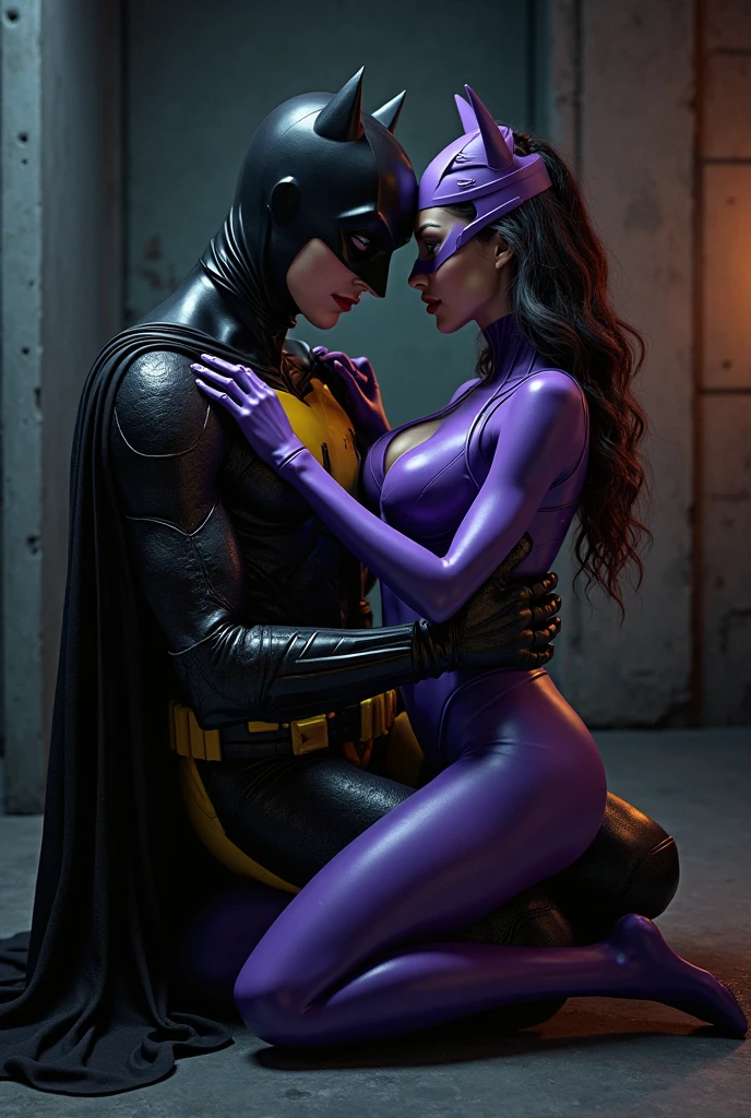 afro american women,dark skin,red brown Bob Haircut, purple sunglasses,black leahter crop Jacket, purple latex Leotard. big breast, purple Gloves, black leahter trousers,laying on the ground, break, Men fingering
