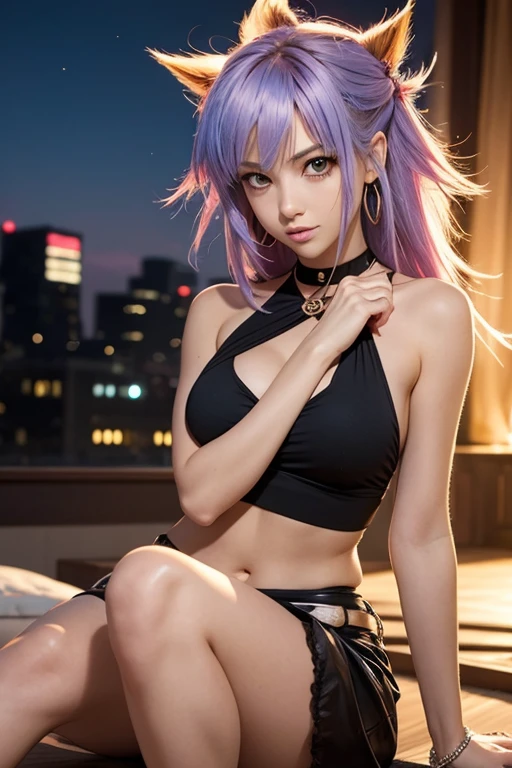 A seductive ninja warrior with lavender hair, wearing a provocative outfit that leaves little to the imagination, posing against a backdrop of traditional Japanese lanterns, softporn style.
