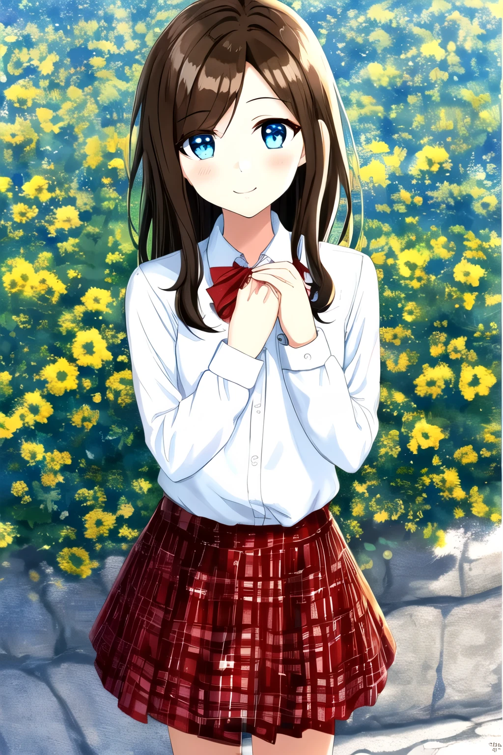 1girl, anime style, soft shading, beautiful blue eyes, slight blush, shy expression, medium length brown hair, semi-long hair, soft loose bangs, hair slightly covering one eye, small smile, white blouse with red ribbon, red plaid skirt, school uniform, pleated skirt, standing pose, hands near chest, looking at viewer, soft sunlight, gentle breeze, summer sky background, sweet innocent atmosphere, warm color palette, emotional eyes