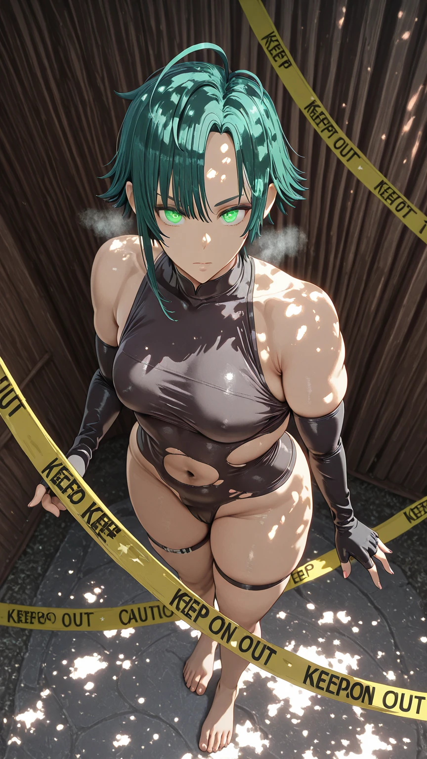 hizukistyle1, (anime coloring, anime screencap), shiny skin, (pepe_(jonasan)-style:1.8), (kinohara_kossuta-style:1.2), (oosawara_sadao-style:1.4), ((anatomical correct)), ((Cinematic, unreal engine, eye-catching, ambient occlusion, UHD, masterpiece)), ((perfect lighting, dappled sunlight, soft shadow)), perfect body, perfect eyes, perfect fingers, gasping, heavy breathing, gasping profusely, ((skindentation)), ((curvy)), minami shiunji, short hair, green eyes, ahoge, green hair, antenna hair, parted bangs, mature female, small breasts, plump, 1girl, caution_tape, solo, looking_at_viewer, gloves, thigh_strap, fingerless_gloves, bare_shoulders, breasts, barefoot, elbow_gloves, keep_out, torn_clothes, black_gloves, sleeveless, standing, closed_mouth, fingernails, star_(symbol), glowing effect, glowing eyes, ((from above)), dynamic pose