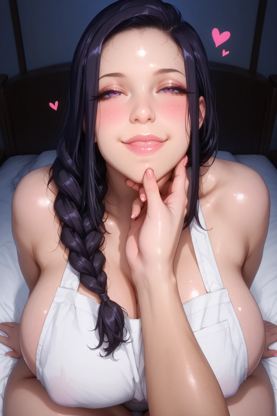 Best Quality,High resolution,8k,finelity detailed background,Masterpiece:1.2),beautiful girl,Shiny purple hair,bob cut,blunt bangs,Beautiful purple eyes,Gentle look,A refreshing look,smile,Best quality,Best Quality,Aesthetic and aesthetic:1.2,Best details((Super detailed))(High-definition CG illustrations),Slender body,Bedroom,On the bed,smile,blush,cute,Scrounge,Looking up,Being spoiled,(NSFW:1.3),(((1 boy 1 girl, licking penis:1.2))),(cum in breast:1.4),Nude,on the bed, (sweat:1.2), (steam:1.1)