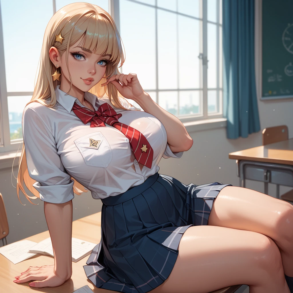 analog photo, 24 year-old blonde woman, masterpiece, best quality, ultra-detailed, colorful, depth of field, lens flare, (((big boobs))), sitting, blonde hair, (((sexy pose))), (((((cleevage))))), looking at viewer, school, empty classroom, pleated miniskirt, ((((((sexy school uniform)))))), slutty, sweaty, hot, sexual, black pantyhose, detailed skin texture, detailed cloth texture, beautiful detailed face, hyperrealistic, real, 4k