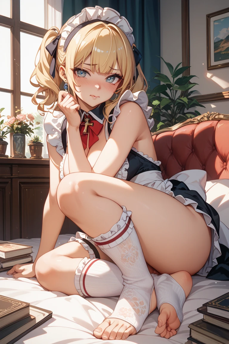 masutepiece, Best Quality,hair flower sketch, flower, Hair Ornament, 1girl in, Animal ears, Blue eyes, white blossoms, Long hair, Solo, Black footwear, Looking at Viewer, blush, Long sleeves, animal ear fluff, Blue hair, Parted lips, Bangs, Komono, Full body, extra ear, Hair intake, Shorts, sash, all-fours, Kimono, hair between eye, Fox ears, masterpiece, super fine illustration, best quality, light particles, ultra-detailed, 8K wallpaper, (bright colors:1.2), solo, ((a little girl)), big breasts, (blonde hair), disheveled hair, short hair, twintail, two side up hair, scrunchie, curly hair, shiny hair, shiny skin, (wearing pale pink and white horizontal striped dress, short sleeve), (frilled miniskirt), (white legwear), ((horizontal striped panty)), (beautiful green eyes, shiny eyes, big eyes), affectionate smile, seductive smile, closed mouth, blush cheeks, (naughty room), (pink bed), (pink pillows), (pink curtain), looking back, get down all fours, nsfw, sunlight, shadow,