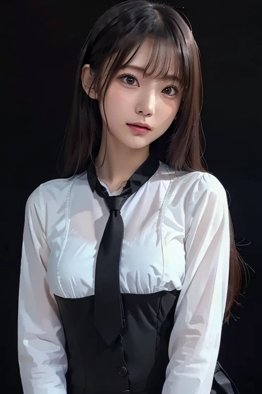 Heart-shaped pupil,(SFW), (masutepiece:1.2), Best Quality, masutepiece, hight resolution, Original, highly detailed wallpaper, (Ultra-detailed), (Best Illustration), (Best Shadow), (Kobeni), huge tit , perky breast, (White collared shirt), (blood stain:1.1), (terrorism:1.2), (black necktie), (Shirt stains), (Stained), girl with, Looking at Viewer, (Scared:1.2), (Tears:1.1), (Brown eyes), (piece sign),Tongue out, tongue, Heart-shaped pupil,Provocative eyes