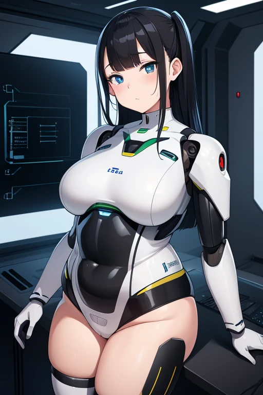 masterpiece, best quality, extremely detailed,8k portrait, Japanese android girl,Plump ,control panels,robot arms,robot,android,cyborg,white robot body,blunt bangs,robot repair plant,black knee high socks,rolling eyes