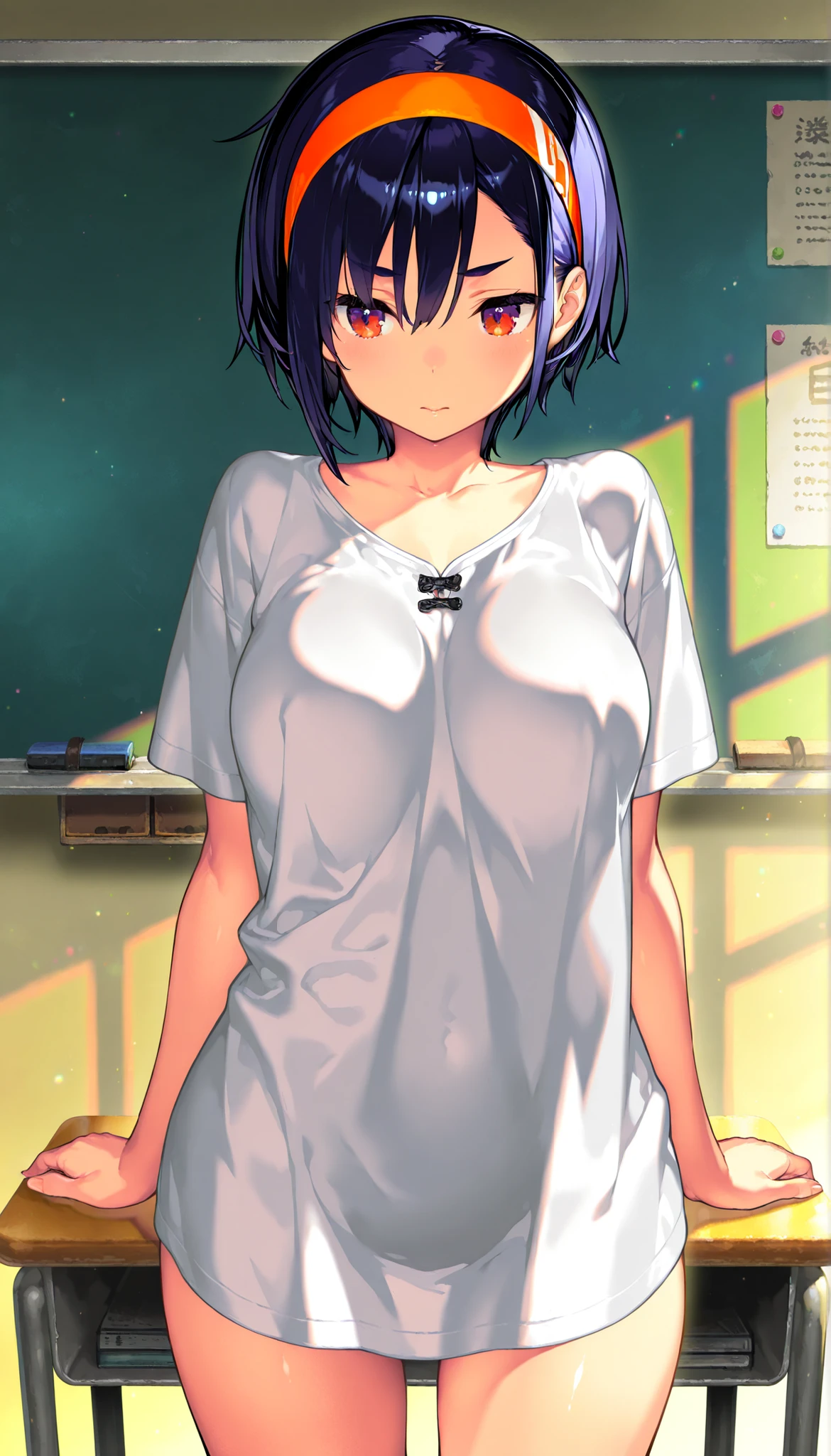 masterpiece, 最High Quality, High Quality, very aesthetic, Dumb Dress, Newest, Scenery, volume lighting, depth, glossy skin in the classroom,
1 girl, solo, shirt, short hair,
chest,
turn your arms around your back, push down, white shirt, red eyes, cowboy shot in the background, large chest, viewers, facing the front、by Zephixus、naked shirt, Short Sleeves, Hair between eyebrows, collarbone, Headband, closed mouth,open legs、open stance、
chestのカーテン,
masterpiece, 最High Quality, High Quality, very aesthetic, Dumb Dress, Newest, Scenery 、transparent