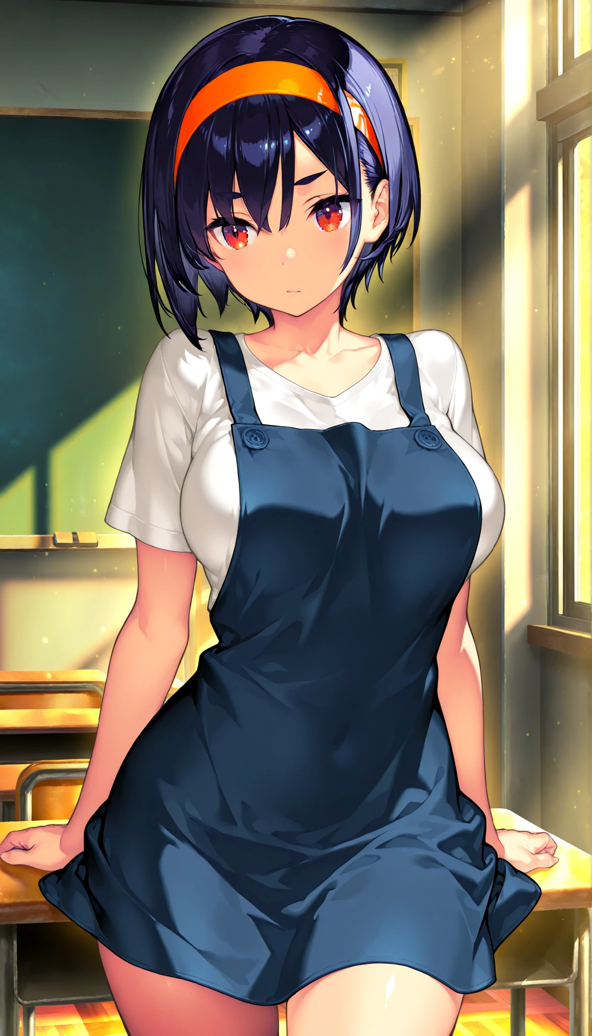masterpiece, 最High Quality, High Quality, very aesthetic, Dumb Dress, Newest, Scenery, volume lighting, depth, glossy skin in the classroom,
1 girl, solo, shirt, short hair, 
chest, 
turn your arms around your back, push down, white shirt, red eyes, cowboy shot in the background, large chest, viewers, facing the front、by Zephixus、naked shirt, Short Sleeves, Hair between eyebrows, collarbone, Headband,  closed mouth,open legs、open stance、
chestのカーテン, 
masterpiece, 最High Quality, High Quality, very aesthetic, Dumb Dress, Newest, Scenery 、transparent