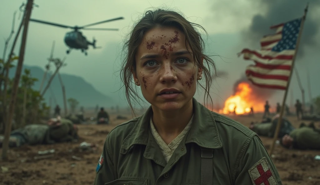 Close-Up, hyper-realistic, (Scarlett Emerson with fierce expression, battle-worn, intense eyes), harsh side lighting, (standing on a war-torn battlefield, smoke and fire), (85mm lens, Sony A9 II, gritty details, professional, combat photography, trending on 500px), by James Nachtwey and Mary Ellen Mark and Steve McCurry