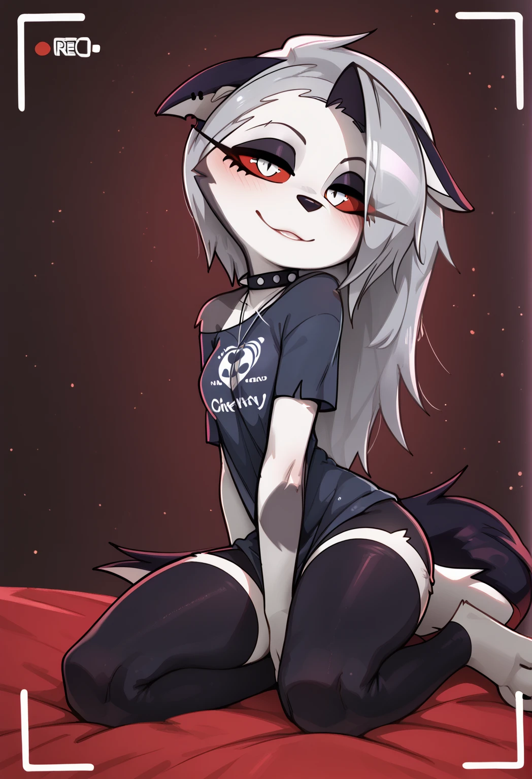 score_9, score_8_up, score_7_up, source_furry, rating_safe, by magnaluna, loona posing seductively in a goth bedroom, anthro, blushing,