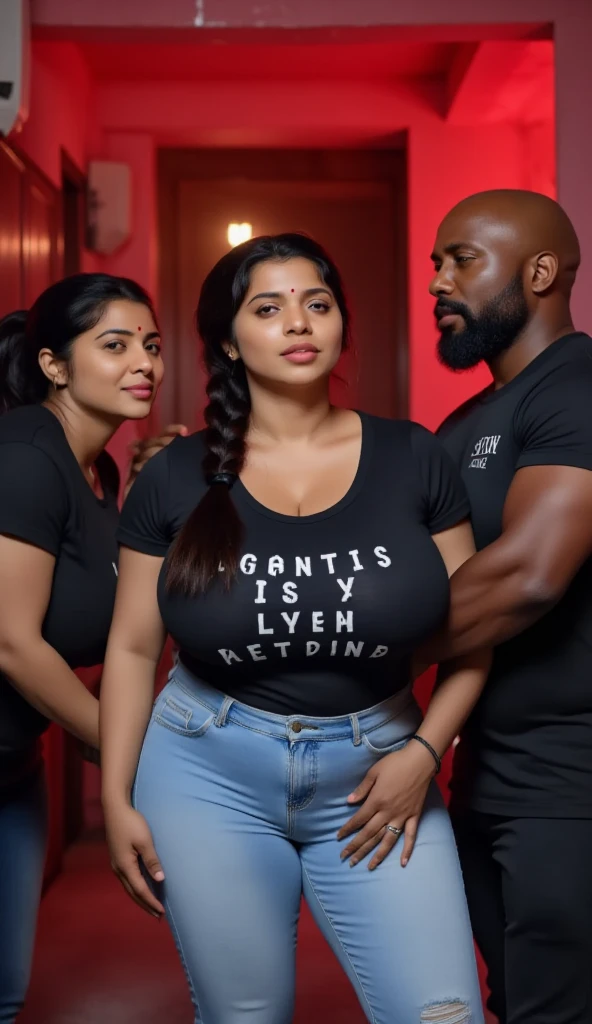 (Best Quality,Unparalleled Masterpiece:1.4) four women with beautiful highly detailed faces are wearing white turtleneck-shirts and white yoga-pants (the women express desire) (the women worship a huge tall muscular black man and stare at him as he smirks, the short-haired tall huge barbarian beefy muscular black Man in center-of-composition is hugging four beautiful women touching him and snuggling him, perfectly detailed face, anatomically perfect nose, anatomically perfect eyes, anatomically perfect hands.