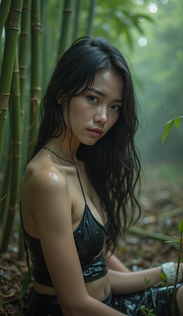 Highest quality, masterpiece, Ultra-high resolution, (Realistic:1.4), RAW Photos, One person, Black Hair, Glowing Skin, Wet body, Dramatic lighting, whole body, Female dog, Micro Bikini, Huge breasts
