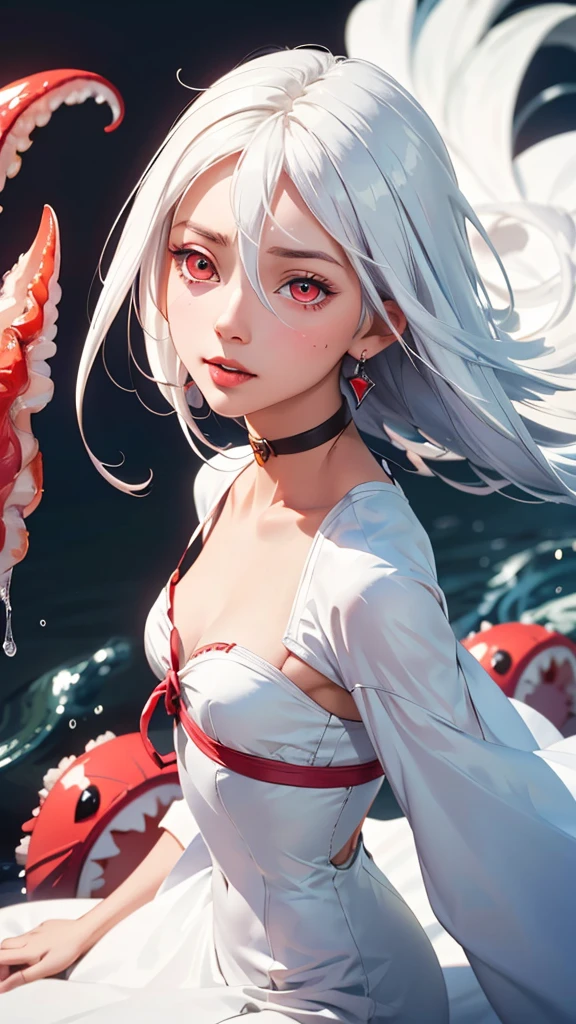 Style 9，1 woman, laying on sand, yamato one piece, white hair, pony tail, green hair at tip,  horns, yellow eyes, detailed eyes, white clothes, red skirt, big breasts, illustration，beautiful background，whole body，culvage, high angle shot, from above, Beautiful photography pose，profile，view at viewer, high detailed wallpaper, high quality, masterpiece