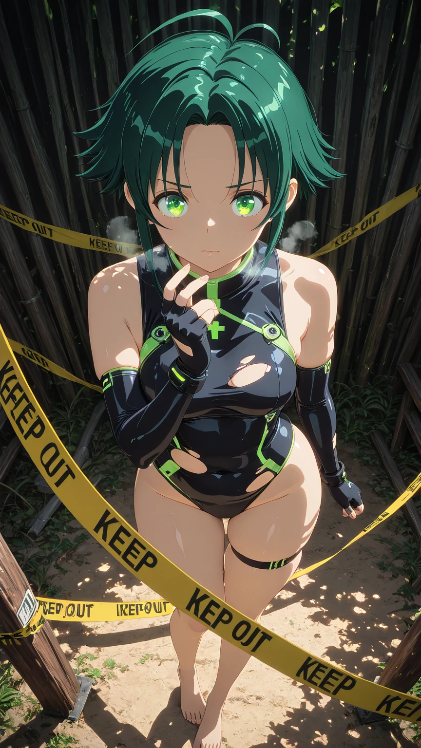 (anime coloring, anime screencap), shiny skin, ((anatomical correct)), ((Cinematic, unreal engine, eye-catching, ambient occlusion, UHD, masterpiece)), ((perfect lighting, dappled sunlight, soft shadow)), perfect body, perfect eyes, perfect fingers, gasping, heavy breathing, gasping profusely, ((skindentation)), ((curvy)), minami shiunji, short hair, green eyes, ahoge, green hair, antenna hair, parted bangs, mature female, small breasts, plump, 1girl, caution_tape, solo, looking_at_viewer, gloves, thigh_strap, fingerless_gloves, bare_shoulders, breasts, barefoot, elbow_gloves, keep_out, torn_clothes, black_gloves, sleeveless, standing, closed_mouth, fingernails, star_(symbol), glowing effect, glowing eyes, ((from above)), dynamic pose